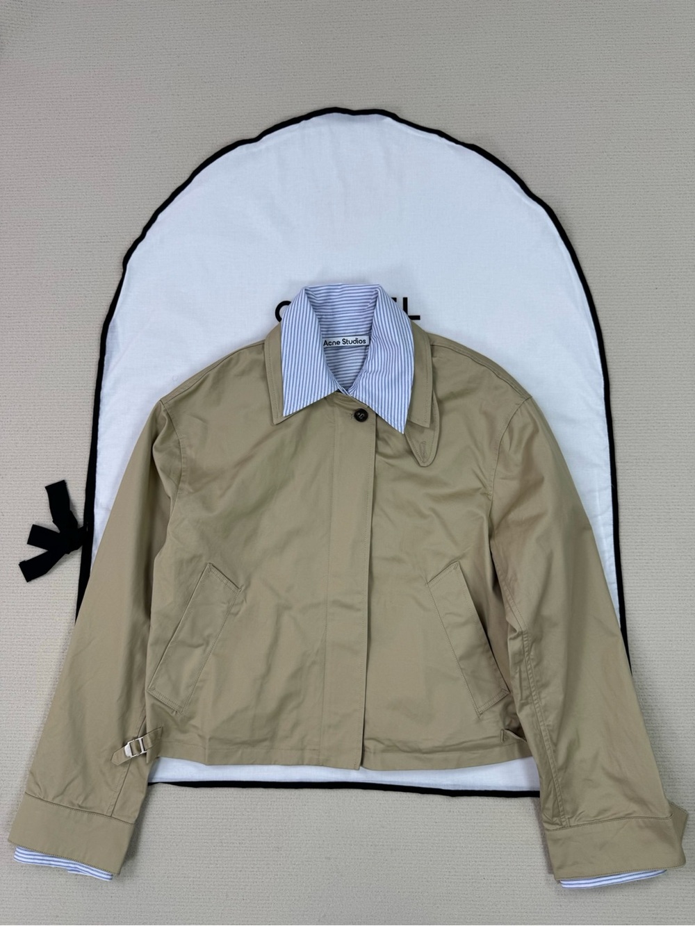 Acne Tan Cropped Jacket with Blue-Striped Collar